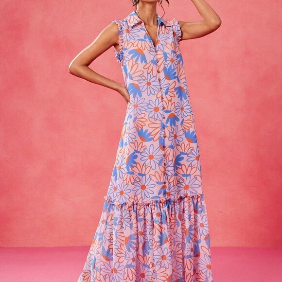 Multicolor Boho Women's Chiffon Floral Print Ruffle Hem Sleeveless Sun Dress - Picture 3 of 8